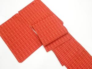 格子に絣柄織出し米沢紬着物アンサンブル・名古屋帯セット